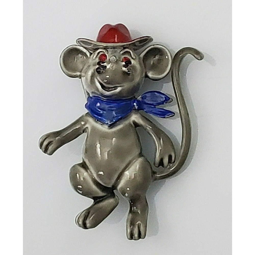 Vintage Gray Mouse Cowboy Brooch Pin Enamel Red Rhinestone Eyes Silver Tone